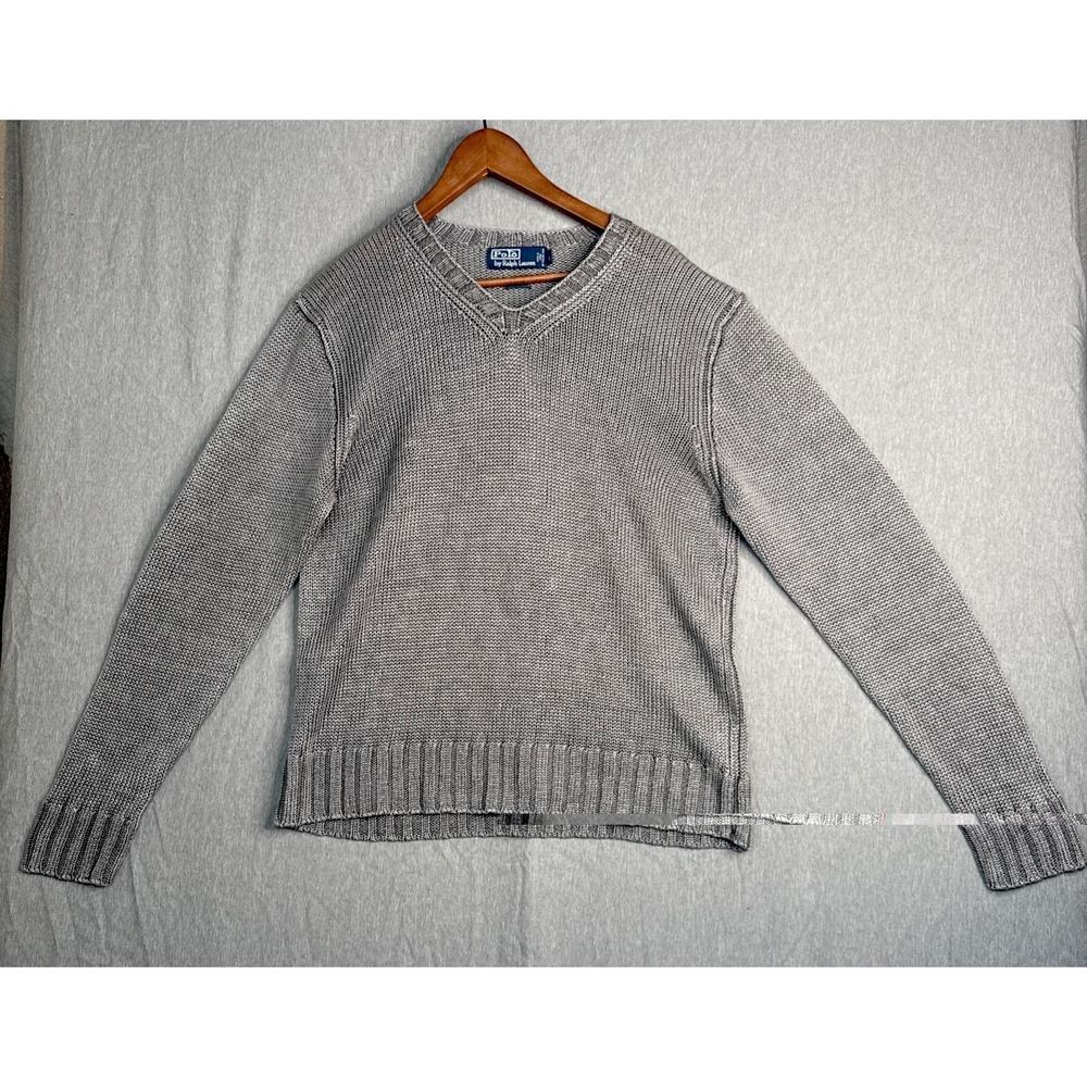 Polo Ralph Lauren 100% Linen Sweater Men's S Gray VTG 90s V Neck Old Money